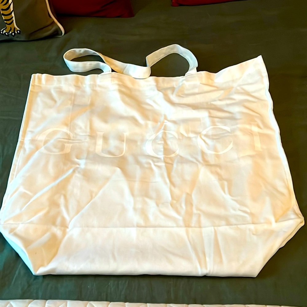 Gucci Canvas White Tote Bag Reusable 22” x 16” White Letters New Gift Bags Rare